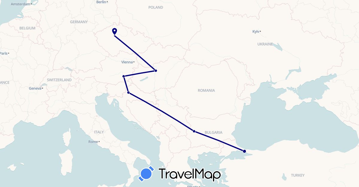 TravelMap itinerary: driving in Austria, Bulgaria, Czech Republic, Croatia, Hungary, Turkey (Asia, Europe)